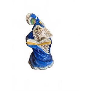 Vintage RARE Unique Hand Crafted Wizard Figurine in Blue Robe Holding a Book